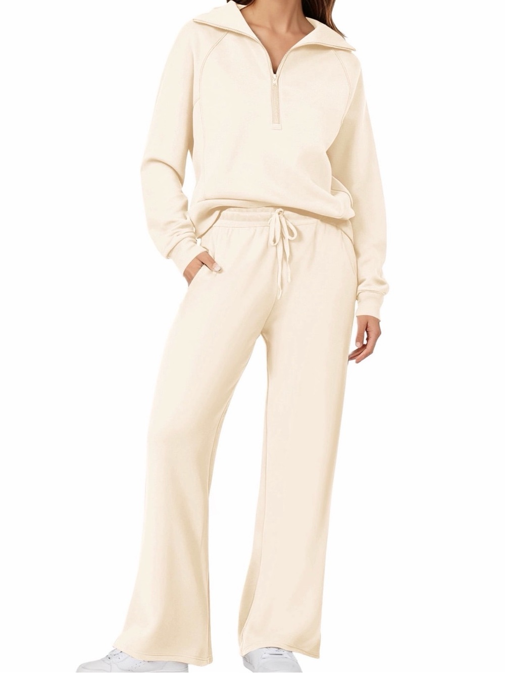 Women's Cream Zip-Neck Lounge Set with Drawstring Pants